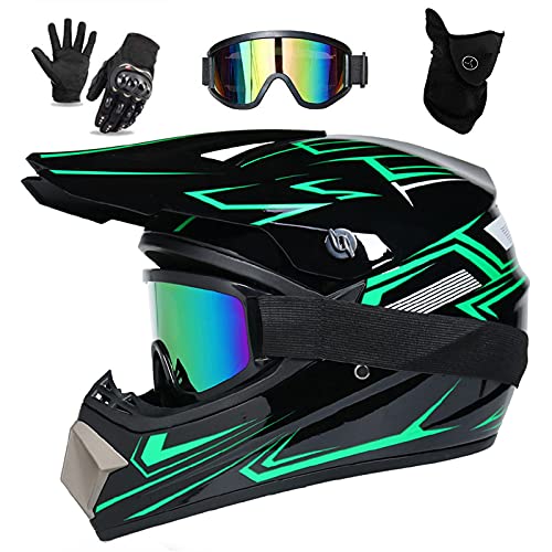 UIGJIOG Downhill Motorradhelm Kinder, Helm Set Herren ATV Motorradhelm D.O.T Zertifizierter Helm Mit Brille Handschuhe, Integralhelm MTB Inklusive 4 Größen Helmfutter,B