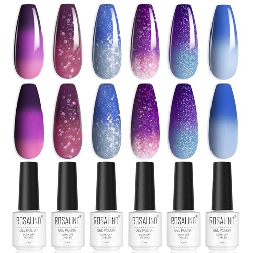 ROSALIND UV Nagellack, Thermo 6 Farben Blau Violett Rosa Glitter Rosa Farbwechsel Shellac Gel Nagellack Set Soak-Off UV Gel Nail Polish für Anfänger Nail Art Salon DIY