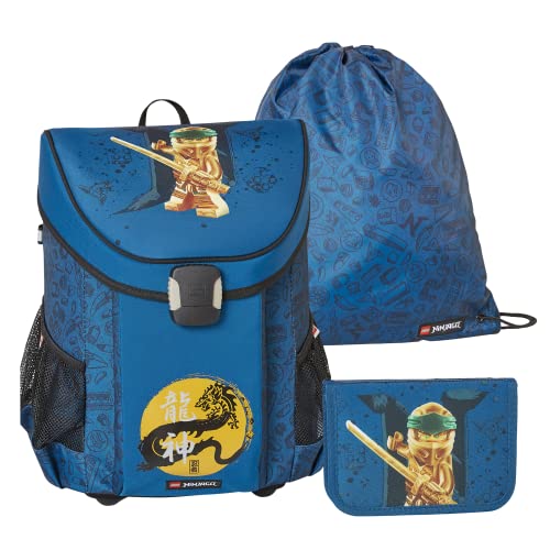 LEGO® - Jungen Easy Schulranzenset 3tlg. - NINJAGO, Gold/Blue - Mit Turnbeutel, Federmäppchen (inkl. aller nötigen Schreibutensilien) - Leichtgewicht - 5-10 Jahre