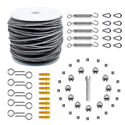 30M Rankhilfe Drahtseil 304-Edelstahl Stahlseil, PVC-ummantelt 2mm Stahldraht 1.5mm 5x Spannschloss M5Haken Öse, 10x Kausche, 10x Drahtseilklemmen, 10x Ösenschraube, 10xAusdehnungsrohr, 67 tlg.