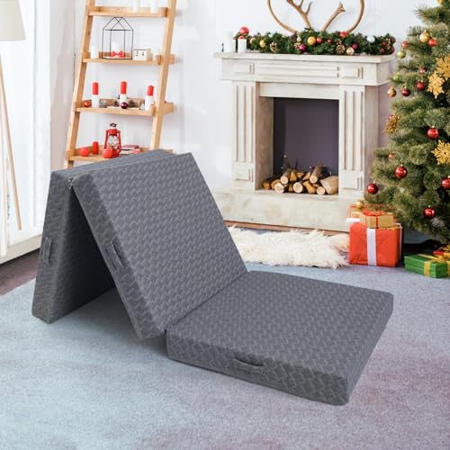 MeMoreCool Klappmatratze, Faltbare Matratze, 3-Teilige Faltmatratze, 10cm Dicke Schwamm Matratze Klappbar, Gästematratze mit Microfaser Waschbarem Bezug, Bodenmatratze, Reisematratze, 200x90cm, Grau