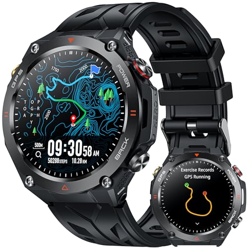 GPS Smartwatch Herren Fitnessuhr Armbanduhr: Schwarz Uhr Kompass Luftdruck Telefonfunktion Schlafmonitor Herzfrequenz Blutdruck Schrittzähler Sportuhr Wasserdicht 1,45' Touchscreen 650mAh Akkulaufzeit