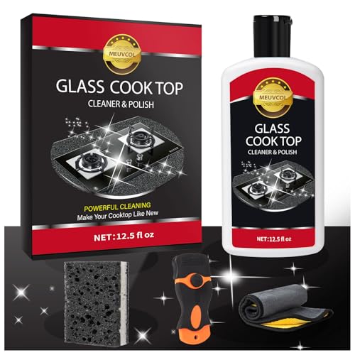 Meuvcol Ceranfeldreiniger Set, Glaskeramik Reiniger & Politur Nicht Scheuernd Für Cerankochfeld, Induktionsfeld, Backofen,induktionskochfeld,Herd Mit Ceranfeld Schwamm, Kochfeldschaber, glass (340ml)