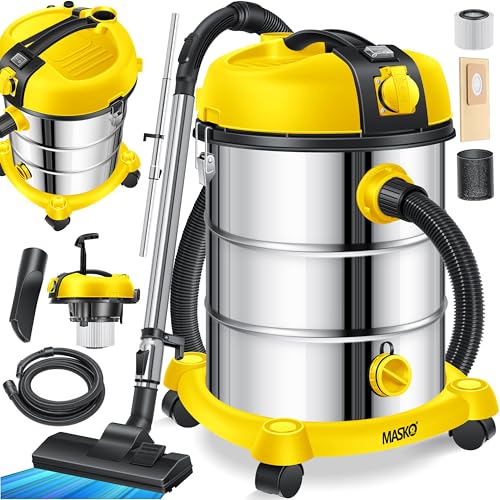 MASKO® Industriestaubsauger Staubsauger Nass Trocken Sauger Edelstahl 2300W + Steckdose | Blasfunktion | Push&Clean | Industrie-Sauger mit & ohne Beutel | Inkl. Wechselfilter | beutellos Gelb