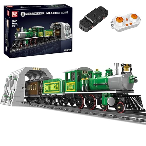 Mould King 12024 Technik Zug Baustein (1212 Teile), Fernbedienung 440 Dampflokomotive mit Eisenbahnschienen Baukasten, Schnellzug mit Tunnelteilen, Montagespielzeug für Kinder ab 8 Jahren