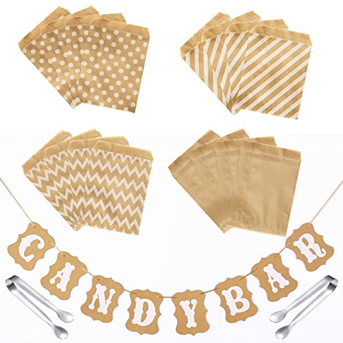 VEGCOO 100 Papiertüten Geschenktüten + Candy Bar Banner + 2 Candy Bar Tongs, Papiertüten Braunr Geschenktüte Candy Bar Tüte Candy Bar Zubehör für Kinder Geburtstag Ostern Weihnachten Geschenke