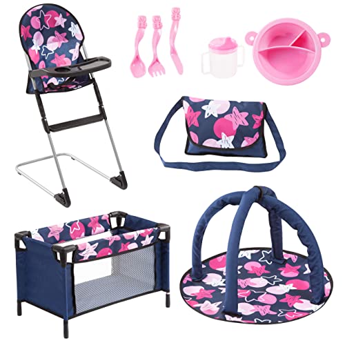 Bayer Design 61769AB Puppen Set 9 in 1 mit Reisebett, Tasche, Spielbogen, Hochstuhl, Plastik Geschirr, Puppenzubehör, blau, pink, sterne