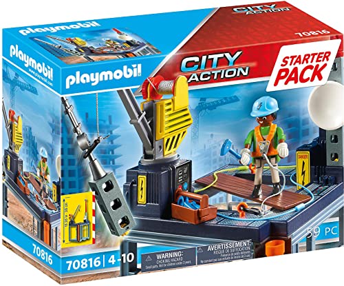 PLAYMOBIL City Action 70816 Starter Pack Baustelle mit Seilwinde, Spielzeug für Kinder ab 4 Jahren