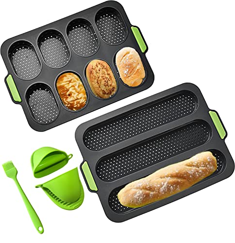 YXIAOO Backform Baguette Backblech Brötchen Brotbackformen Baguetteblech Backen von Baguettebrot Brot Langbrot Hot Dog mit 2 Isolationshandclip+Ölpinsel (Grau, Baguette)