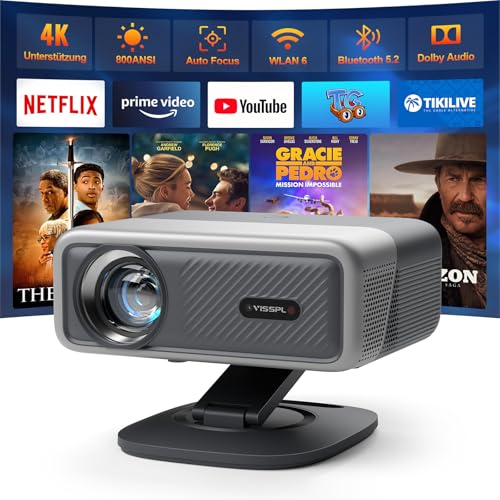 Smart Beamer 4K[Netflix Official & 3D Dolby Audio] VISSPL 28000 Lumen Autofokus/Auto Trapezkorrektur Projektor, WiFi6 Bluetooth Beamer 4K Heimkino, Outdoor Video Beamer Mit 360° Drehbarem Ständer