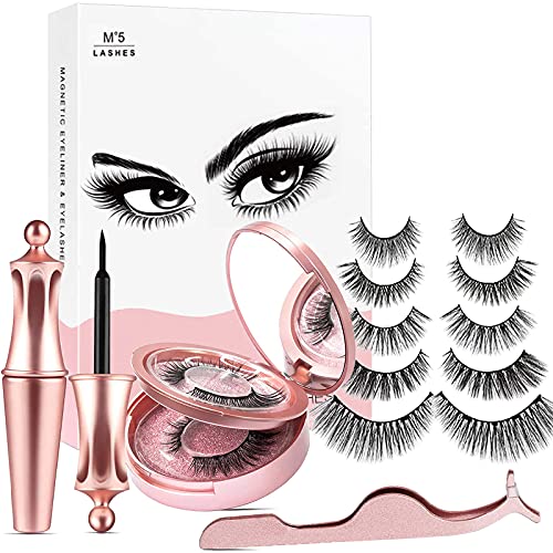 Magnetische Wimpern, Aikvigss Verbesserter Kit für magnetische Wimpern und Wimpern, magnetische Wimpern mit Eyeliner, falsche Wimpern 5 Paar mit Pinzette, einfach zu tragen