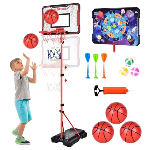 Herenear Basketballkorb für Kinder, Höhenverstellbar 107-193cm, Tragbar Indoor Outdoor, Kinderspielzeug Basketball Hoop mit Darts Target, Bällen, Pumpe, Geschenk für Jungen Mädchen ab 3-8 Jahren