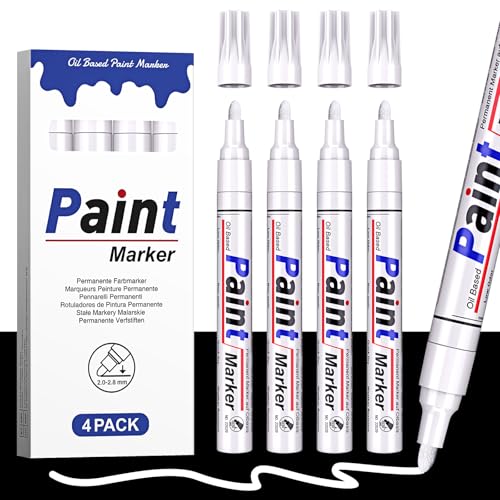 AOSUCO Lackstift Weiß 4 Permanent Marker Wasserfest Lackmarker Reifen Stift Weiß 2-2,8mm Permanent Marker Weiß zum Beschriften und Markierung für Reifen Metall Plastik Glas Holz Steine