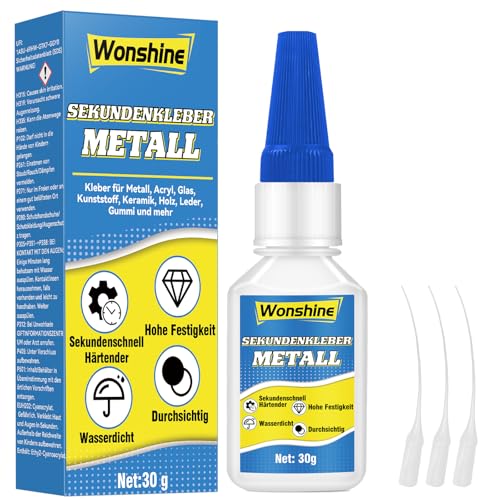 Sekundenkleber für Metall, Metallkleber Extra Stark, Wasserfester und Hitzebeständiger, mit Anti-Trocknungsspitze, für Stahl, Zink, Aluminium und mehr, 30 g