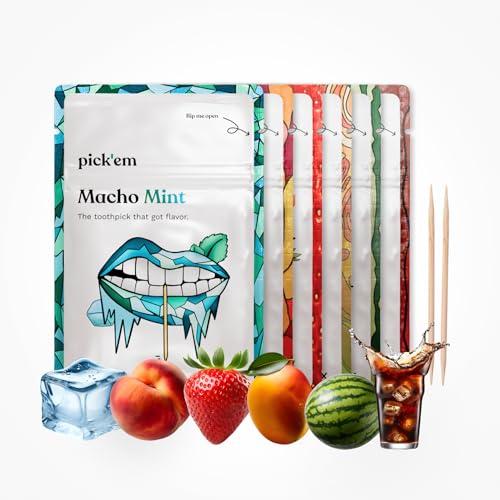 6-Pack XXL pick'em Zahnstocher mit Geschmack [ALLE 6 GESCHMÄCKER] - Minze, Pfirsich, Wassermelone, Erdbeere, Cola, Mango (6 x 20 Zahnstocher)- aromatisierte Zahnstocher - Zahnstocher mit Geschmack