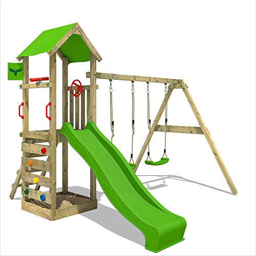 FATMOOSE Spielturm Klettergerüst KiwiKey Kick XXL mit Schaukel & Rutsche, Outdoor Kinder Kletterturm mit Sandkasten, Leiter & Spiel-Zubehör für den Garten (Apfelgrün)