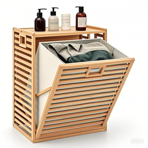 LIFEZEAL Wäschekorb 68 L, Wäschesammler Bambus mit abnehmbarem Stoffbeutel, Platzsparende Wäschebox für Wäsche & Badezimmer, Natur