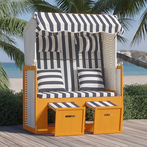 KOIECETA Strandkorb mit Kissen Poly Rattan und Massivholz mit Fußbänkchen 2-Sitzer Sonnenliege Gartenbank (Weiß und Blau)
