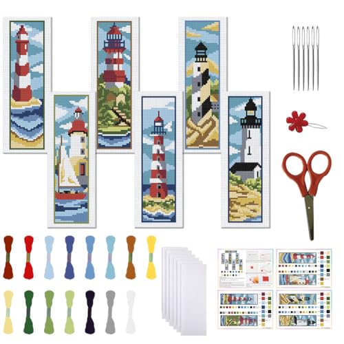 FREEBLOSS 6 Set Lesezeichen Kreuzstich Sets, Stick Lesezeichen Kreuzstich Sets Mit Anleitung, Leuchtturm Landschaftsmuster, Kreuzstich Set Für Anfänger, Lesezeichen Herstellungsset als Geschenk