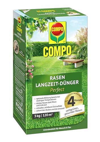 COMPO Rasendünger mit Langzeitwirkung - keine Chance für Moos und Unkraut - 3 kg für 120 m² - COMPO Rasen Langzeit-Dünger Perfect