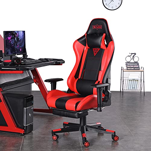 SMAX Gaming Stuhl mit fußstützen Gamer Stuhl Ergonomische Gamingstuhl aus PU-Leder mit und Sitzhöhenverstellbarer Gaming-Stühle Drehsessel mit Kopfstütze und Massagegerät Lendenwirbelstütze Bürostuhl