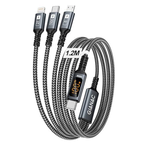 100W USB C auf Multi USB Ladekabel [1.2M] Ladekabel 3 in 1 Schnellladekabel mit E-Mark Chip Multi auf Type C[100W]+Lightning[27W]+Micro[5W] mit LED Display für Galaxy Galaxy S24/S23,iPhone 16/15/14