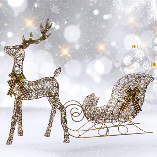 Weihnachtsdekorationen Rattan Hirsch und Schlitten 2 Stück – HOYECHI Beleuchtetes Weihnachtsdekor-Set mit Hirsch für den Innen- und Außenbereich, Vorgarten, Veranda mit Erdspießen – Braun