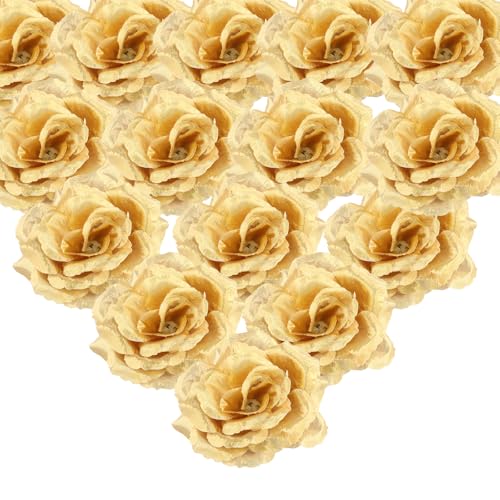 YILANJIN 30 Stücke Künstliche Rose,Blüten-Köpfe,Künstliche Blütenköpfe,Kunstblumen Rosenköpfe Stoffrosen Deko-Blüte,Basteln Tischdeko Dekoration Hochzeit Taufe Kommunion Blumen Applikationen (Gold)