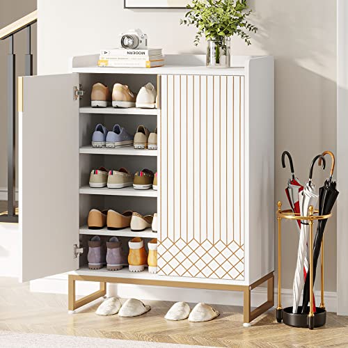 Tribesigns Schuhschrank mit 2 Türen, 73x35x105cm, Schuhregal Schuhkommode für 25 Paare, Schuhschrank weiß mit goldenem Metallrahmen, Schuhkipper schmal, Schrank Flur Schuhkommode im Flur, Weiß