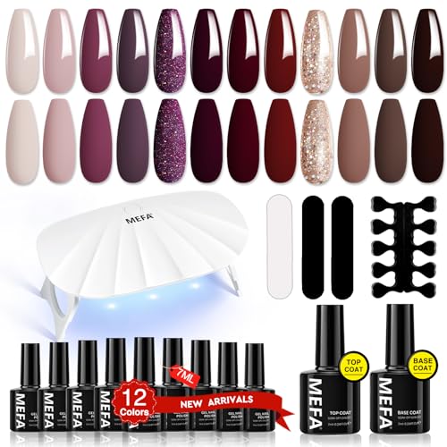 MEFA Shellac Set Starterset mit Lampe 6W,12 Farben UV Nagellack Set Gelnägel Starterset Nude Lila Rot Braun Glitzer, Gel Nagellack UV Set mit Base Top Coat Gel und UV Lampe