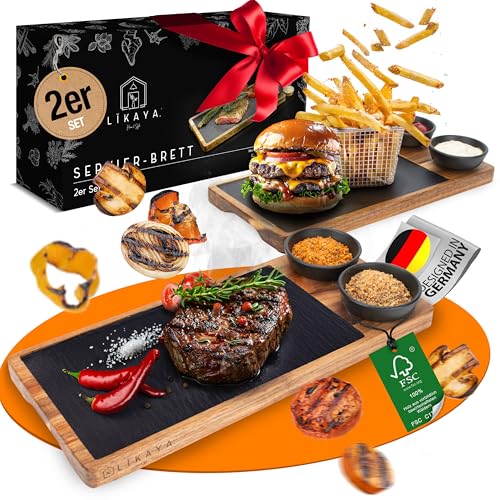 LIKAYA® Servierbrett 'LUIS' 2er Set aus FSC® Akazien-Holz mit Schieferplatte & Saucen Schüsseln - perfekt als Grillbrett, Steakbrett, Grill Zubehör und Geschenk für Steak, Burger & Sushi!