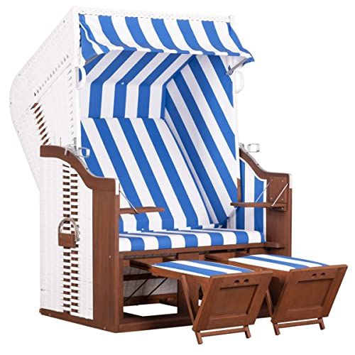 MR. DEKO® Strandkorb Devries Profi Ostsee Fehmarn | Mahagoni Natur Vollholz PE weiß mit ERA Gewebe | Strandkörbe mit 2 Fußablagen | für Gewerbe, Gastro, Garten, Wintergarten und Terrasse (Dessin 991)