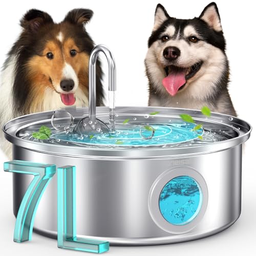 oneisall 7L Trinkbrunnen für Hunde, Edelstahl Hundebrunnen mit großem Sichtfenster, Wasserspender mit LED-Licht, Ultraleiser Pumpe mit Überlastschutz, 5-Schicht Filtration