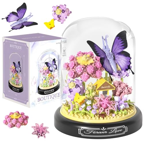 KQWVZ Blumen Bausteine Set, Rosa Nelken Bausteine Blumenstrauß, Klemmbausteine Blumen mit Staubdichter Kuppel und Sockel, Mikro Blumen Bausteine, Geschenk für Kinder Erwachsene(582 PCS)