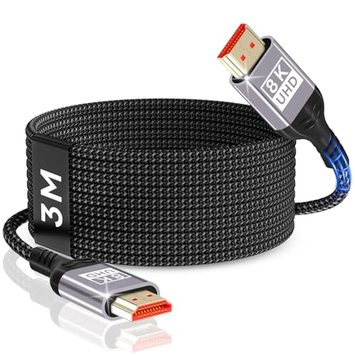 Nersligek 8K HDMI Kabel 3m, HDMI 2.1 Kabel 48Gbps 8K@60Hz, 4K@144Hz/120Hz 7680P eARC, HDR10, HDCP 2.2 & 2.3, Dolby Atmos für HDTV/Soundbar/PS5/Blu-ray Player/X-Box/Monitor