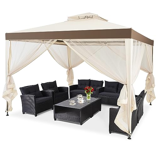 COSTWAY 3x3m Pavillon mit Moskitonetz und Doppeldach, wasserdicht, stabil, Winterfest, Gartenpavillon, Partyzelt für Terrasse, Garten, Hinterhof (Beige)