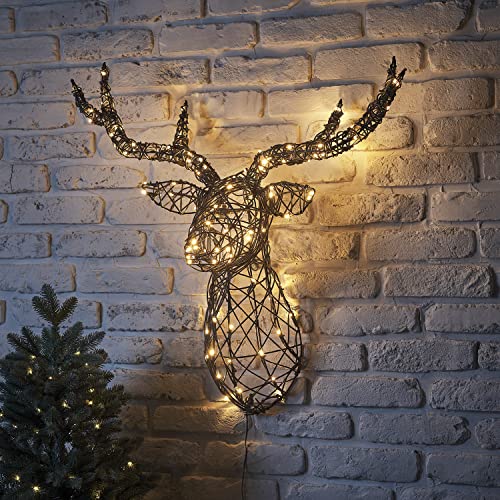 Lights4fun 3-in-1 Harlow LED Rattan Rentier Kopf Hirschgeweih Timer Weihnachtsbeleuchtung Außen und Innen Weihnachtsfigur