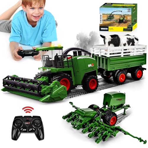 Ulikey RC Mähdrescher Spielzeug, Mähdrescher Ferngesteuert Groß, RC Traktor Spielzeug Kinder Rasenmaeher mit Anhänger, Sprühen, Licht und Ton, Harvester Bauernhof Fahrzeug Spielzeug ab 3 4 5 6 Jahre