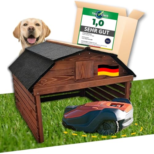 JETZT NEU! STAHLMANN® Mähroboter Garage aus Kiefernholz [77,5 x 73 x 63 cm] - Rasenroboter Garage BRAUN [wetterfest] Mähroboter Garage [MADE IN EUROPE]