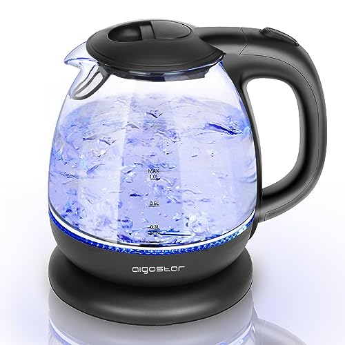 Aigostar Glas Wasserkocher, Kleiner wasserkocher glas mit led-beleuchtung, 1 Liter, 2200W, Schnellkochfunktion, Abschaltautomatik Trockenschutz, BPA frei, Schwarz.arz.