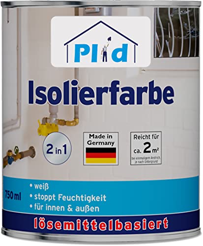 Plid® Isolierfarbe weiss [Anti Schimmel] - Sperrgrund - Nikotinsperre - isoliert Wasser-, Ruß-, & Nikotinflecken dauerhaft - verhindert Salzausblühungen - Anti Schimmel Farbe weiß 0,75L