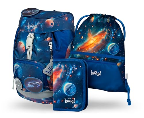 Baagl Schulranzen Jungen für 1. Klasse, Airy Schultasche Set 3-Teilig, Grundschule Schulrucksack für Kinder, Ranzen für Schule, Tornister (Weltraum)
