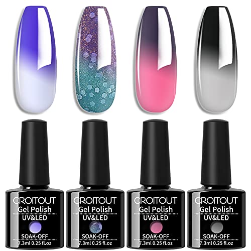 Croitout Gel Nagellack Set, UV Farbwechsel Gel Nagellack Set, Thermo Shellac Gellack Kit, Mehrfarbig Ablösbarer Nagelgel Farbgel Gel Nagel, Chameleon Gel Polish Set 4 x 7.3ml