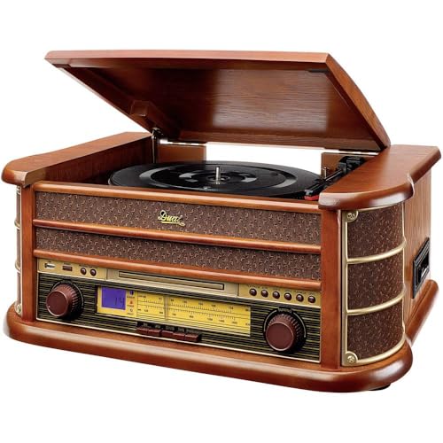 Dual NR 4 Nostalgie Musikanlage mit Plattenspieler (UKW-Tuner, MW-Radio, CD-RW, MP3, USB, Kassette, Aux-In) braun