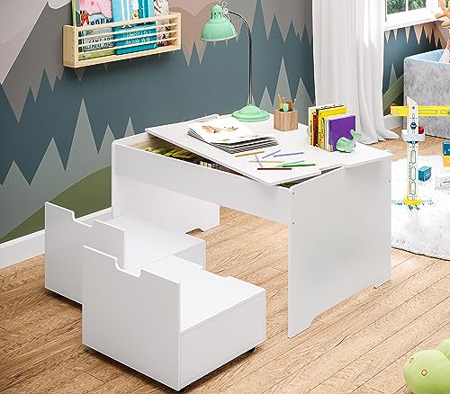 Bellabino Spieltisch Dadu mit 2 Aufbewahrungsboxen/Sitzhocker aus Holz, Kindersitzgruppe mit Stauraum weiß lackiert, Multifunktionstisch für Kinder ‎55 x 92,5 x 50 cm
