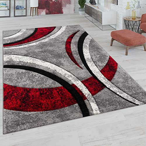 Paco Home Teppich Wohnzimmer Kurzflor Vintage Handgearbeiteter Konturenschnitt 3D Optik, Grösse:160x230 cm, Farbe:Grau-Rot