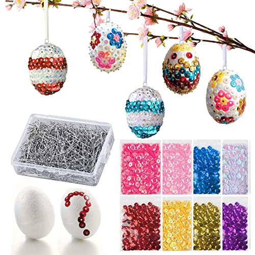 20 Ostereier aus Styropor Aufhängen DIY Pailletten-Eier, Ostern Basteln Set für Bemalen und Osterdeko | Deko Styroporeier weiß| bunten Pailetten Stecknadeln | Osterdekoration zum verzieren