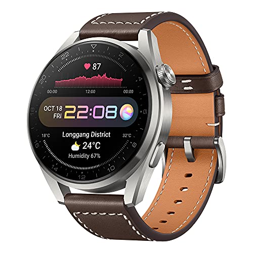 HUAWEI Watch 3 Pro - 4G Smartwatch, 1.43'' AMOLED Display, eSIM Telefonie, 5 Tage Akkulaufzeit, 24/7 SpO2 & Herzfrequenzmessung, GPS, 5ATM, 30 Monate Garantie, braunes Lederarmband