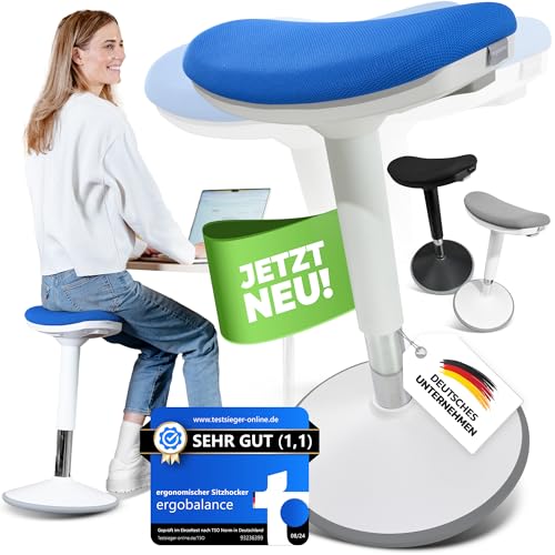 ergobalance Sitzhocker mit Innovativer Sitzfläche | Ergonomischer Hocker [3 in 1] Bürohocker Sattelhocker Stehhocker | Höhenverstellbar rutschfest | Jetzt Farbe wählen (blau)