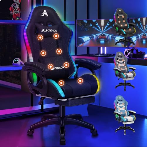 ALFORDSON Gaming-Stuhl mit LED, Gaming Sessel mit 8-Punkt-Massage, Ergonomischer Gamer Stuhl mit RGB Beleuchtung, Drehstuhl mit Lordosenstütze und Kopfstütze, Stoffmaterial, Schwarz